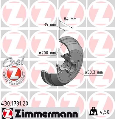 Тормозной барабан ZIMMERMANN 430.1781.00 для OPEL TIGRA