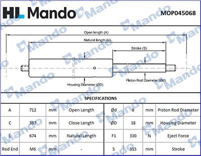 Sprężyna gazowa, pokrywa bagażnika MANDO MOP045068