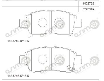 Комплект тормозных колодок, дисковый тормоз ASIMCO KD2729 для TOYOTA PROBOX