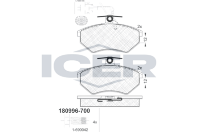 комплект спирачно феродо, дискови спирачки ICER 180996-700