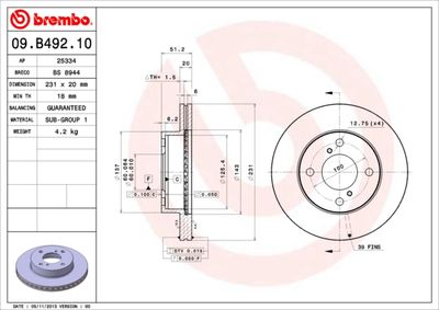 Тормозной диск BREMBO 09.B492.10 для NISSAN PIXO