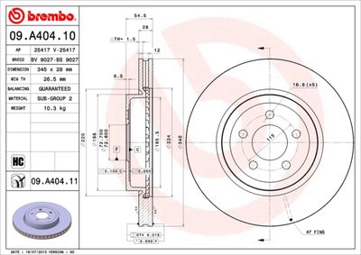 Тормозной диск BREMBO 09.A404.10 для DODGE CHARGER