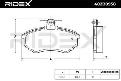 комплект спирачно феродо, дискови спирачки RIDEX 402B0958