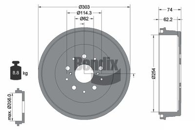 BENDIX Braking BDM1113 Тормозной барабан для TOYOTA HILUX VII Пикап (_N1_, _N2_, _N3_) 2.5 D-4D (KUN15_, KDN1_)
