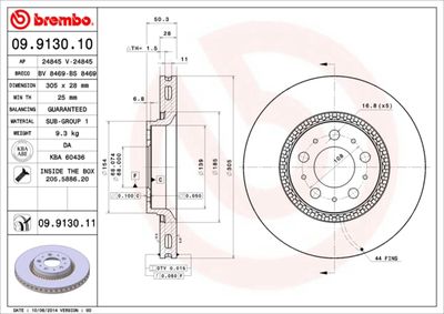 Тормозной диск BREMBO 09.9130.11 для VOLVO S60