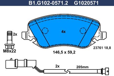 Комплект тормозных колодок, дисковый тормоз GALFER B1.G102-0571.2 для LANCIA THESIS