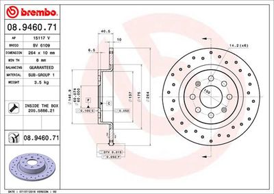 Тормозной диск BREMBO 08.9460.71 для ABARTH GRANDE