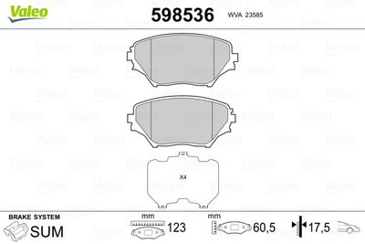 Комплект тормозных колодок, дисковый тормоз VALEO 598536 для TOYOTA PICNIC