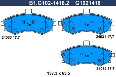 Комплект тормозных колодок, дисковый тормоз GALFER B1.G102-1418.2 для HYUNDAI MATRIX
