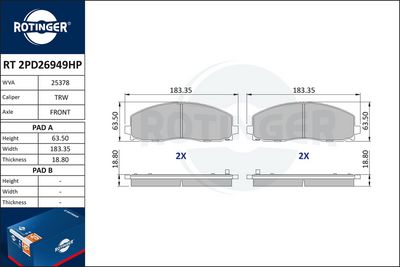 комплект спирачно феродо, дискови спирачки ROTINGER RT 2PD26949HP