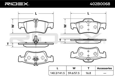 комплект спирачно феродо, дискови спирачки RIDEX 402B0068