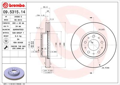 Тормозной диск BREMBO 09.5315.14 для VOLVO 960