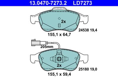 Комплект тормозных колодок, дисковый тормоз ATE 13.0470-7273.2 для ALFA ROMEO GIULIETTA
