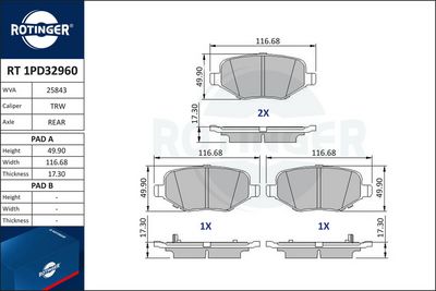 комплект спирачно феродо, дискови спирачки ROTINGER RT 1PD32960