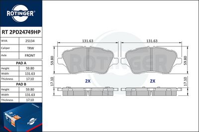 комплект спирачно феродо, дискови спирачки ROTINGER RT 2PD24749HP