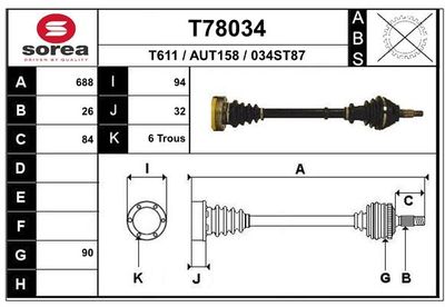 EAI T78034 Полуось в сборе  для AUDI 100 C2 Avant (435, 436) 1.6