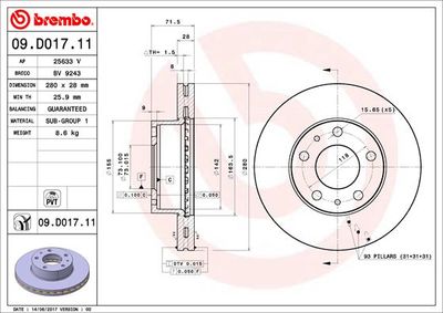 Тормозной диск BREMBO 09.D017.11 для FIAT DUCATO