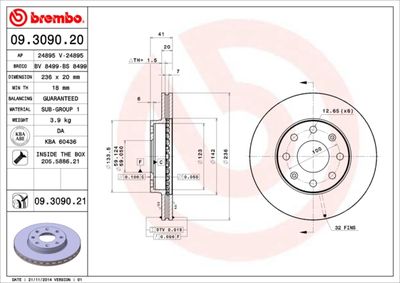 Тормозной диск BREMBO 09.3090.21 для DAEWOO KALOS