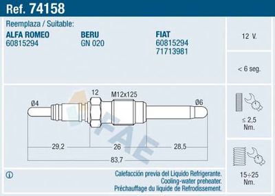 FAE 74158 Свеча накаливания  для ALFA ROMEO 145 (Альфа-ромео 145)