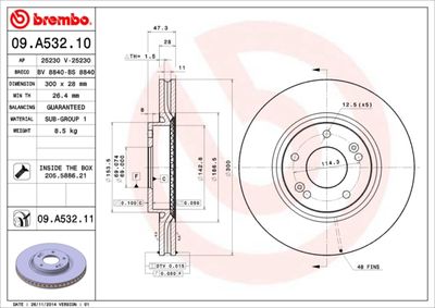 BREMBO 09.A532.10 Тормозные диски  для KIA  (Киа Каренс)