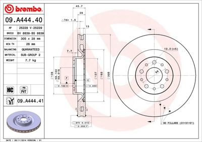 Тормозной диск BREMBO 09.A444.41 для FIAT 500L