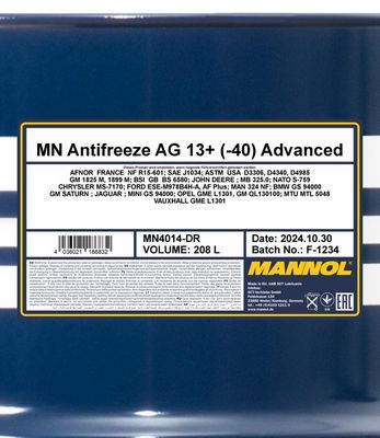 Glykol MANNOL 4014 Antifreeze AG13+ Advanced 208 Liter Färdigblandad MN4014-DR