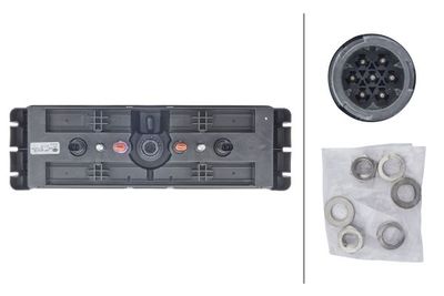 Achterlicht Links Hybrid (LED/P21W, 24V, met indicator, anti-fog licht, achteruitrijlicht, met stoplicht, parkeerlicht, driehoekige reflector, zijspeling, aansluiting: 4x SuperSeal 2PIN/AMP DIN 7PIN B