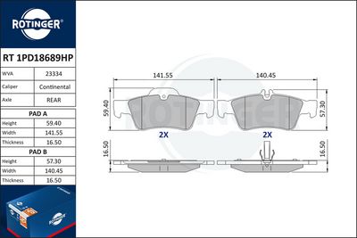 комплект спирачно феродо, дискови спирачки ROTINGER RT 1PD18689HP