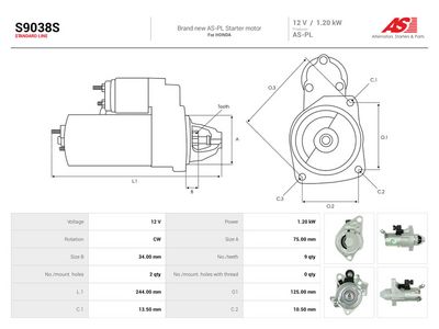 Käynnistinmoottori AUTOSTARTER S9038S – HONDA