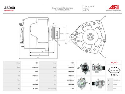Generator AS-PL A6040 för TOYOTA