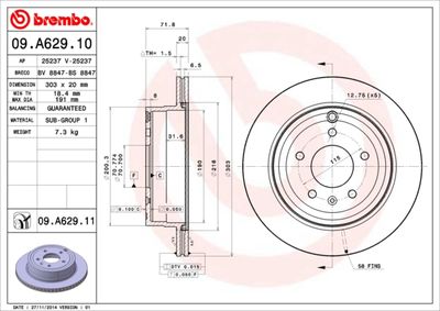 Тормозной диск BREMBO 09.A629.11 для CHEVROLET EQUINOX