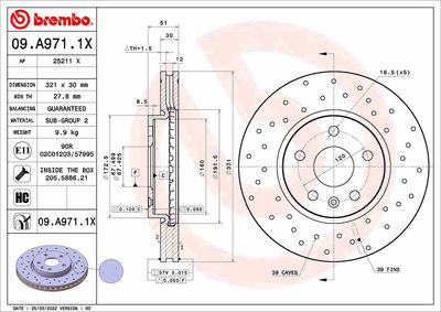 Тормозной диск BREMBO 09.A971.1X для CHEVROLET EQUINOX