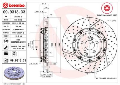 Тормозной диск BREMBO 09.9313.33 для MERCEDES-BENZ SLS