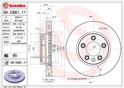 Тормозной диск BREMBO 09.C881.11 для PORSCHE CAYENNE