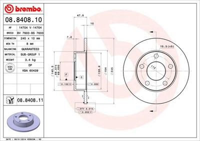 BREMBO 08.8408.11 Тормозные диски  для AUDI A4 (Ауди А4)