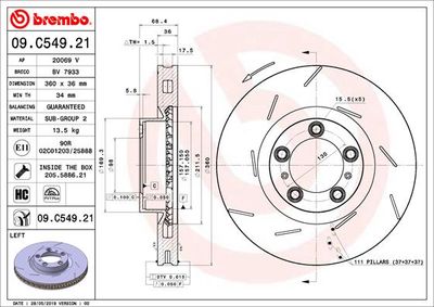 Тормозной диск BREMBO 09.C549.21 для PORSCHE PANAMERA