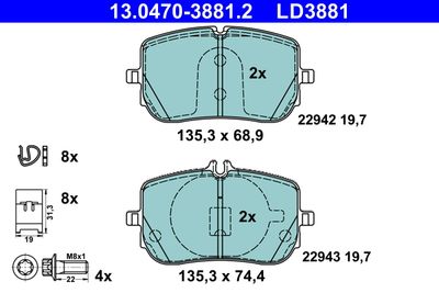 Комплект тормозных колодок, дисковый тормоз ATE 13.0470-3881.2 для MERCEDES-BENZ GLB