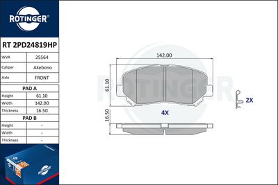 комплект спирачно феродо, дискови спирачки ROTINGER RT 2PD24819HP