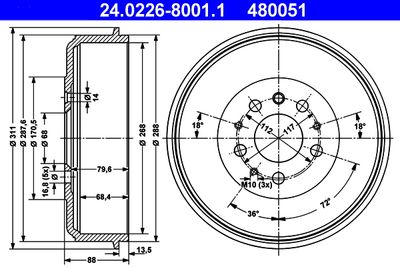 Тормозной барабан ATE 24.0226-8001.1 для VW TRANSPORTER