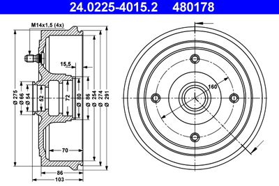 Тормозной барабан ATE 24.0225-4015.2 для RENAULT TRAFIC