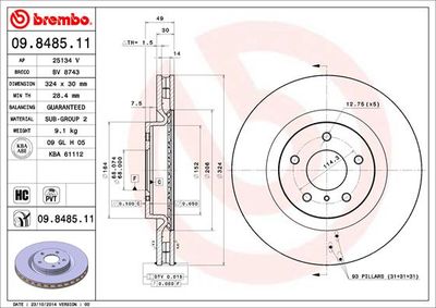 Тормозной диск BREMBO 09.8485.11 для NISSAN 350Z