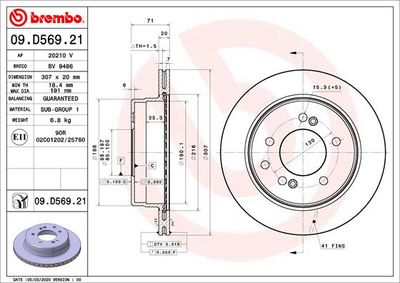 Тормозной диск BREMBO 09.D569.21 для SSANGYONG RODIUS