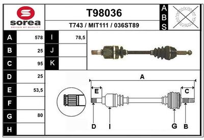 Приводной вал EAI T98036 для MITSUBISHI LANCER
