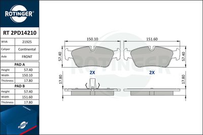 комплект спирачно феродо, дискови спирачки ROTINGER RT 2PD14210