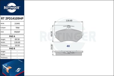 Zestaw klocków hamulcowych, hamulce tarczowe ROTINGER RT2PD14109HP