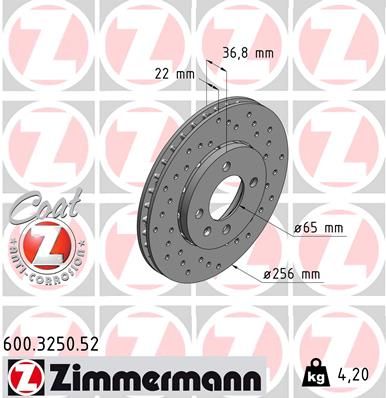 Тормозной диск ZIMMERMANN 600.3250.52 для SEAT Mii