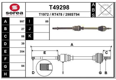 EAI T49298 Полуось в сборе  для RENAULT MEGANE II (BM0/1_, CM0/1_) 2.0 dCi