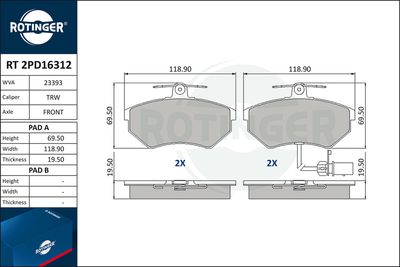 комплект спирачно феродо, дискови спирачки ROTINGER