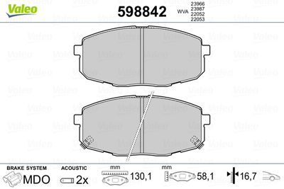 Комплект тормозных колодок, дисковый тормоз VALEO 598842 для HYUNDAI CRETA