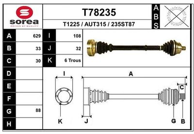 EAI T78235 Полуось в сборе  для AUDI 90 B3 (893, 894, 8A2) 2.3 E